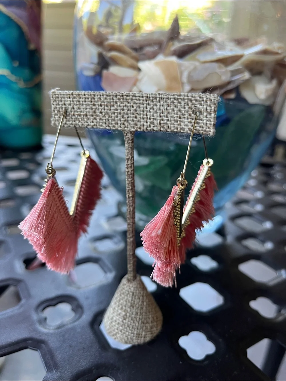 Pink Tassel Fringe Drop Earrings, pierced